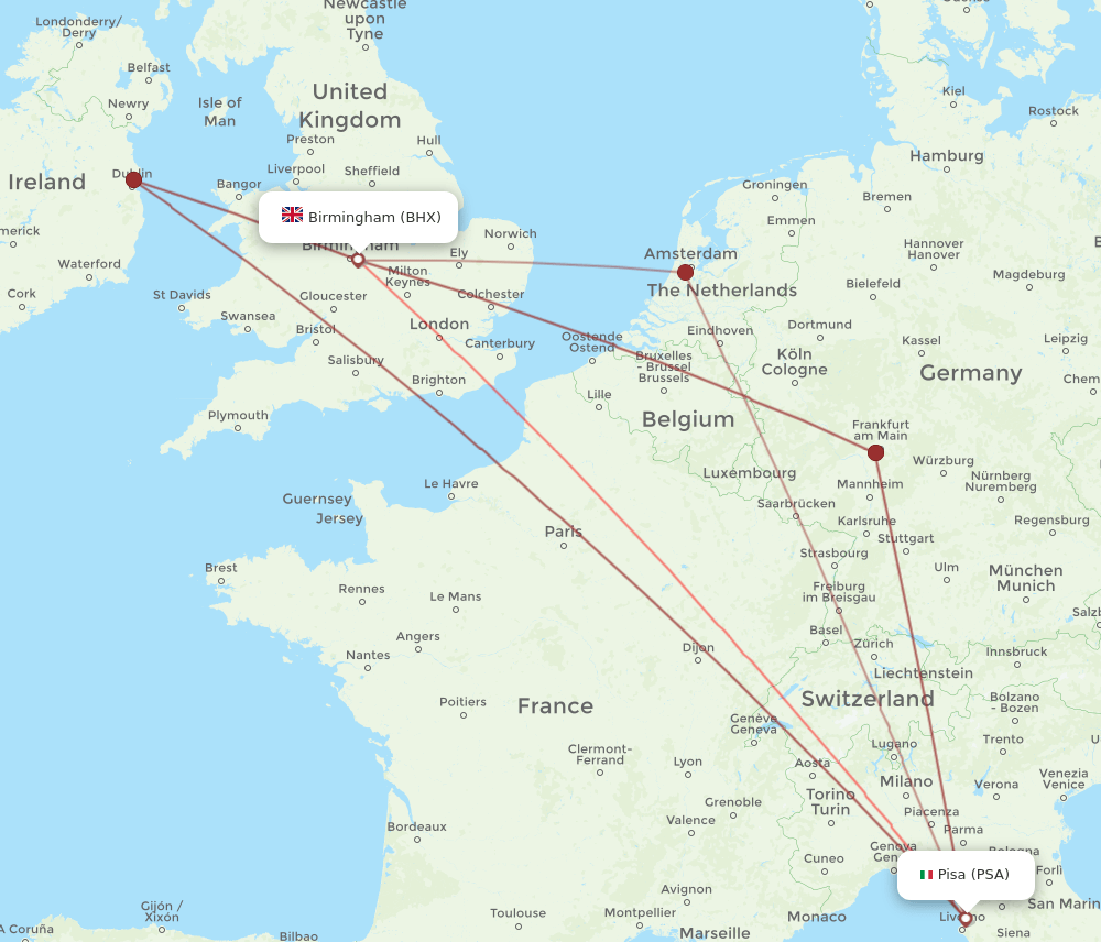 PSA to BHX flights and routes map