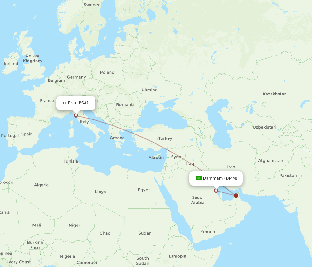 Dammam - Pisa route map and flight paths