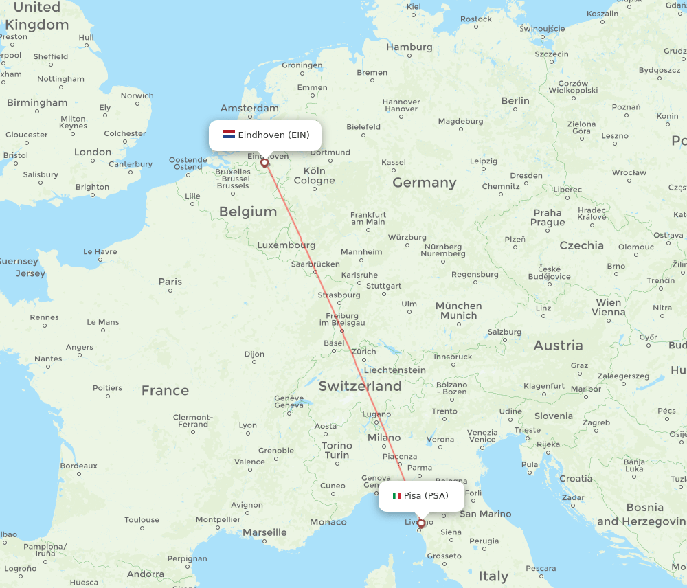 Pisa - Eindhoven route map and flight paths