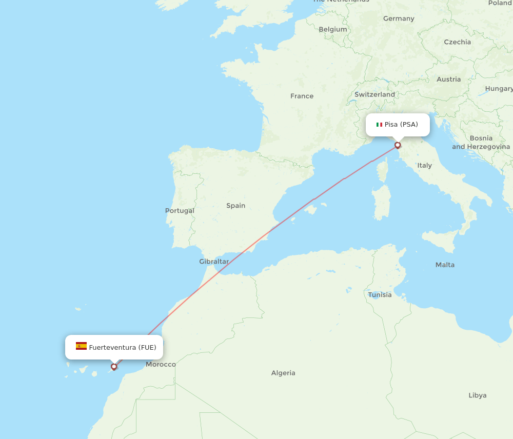 Pisa - Puerto del Rosario route map and flight paths