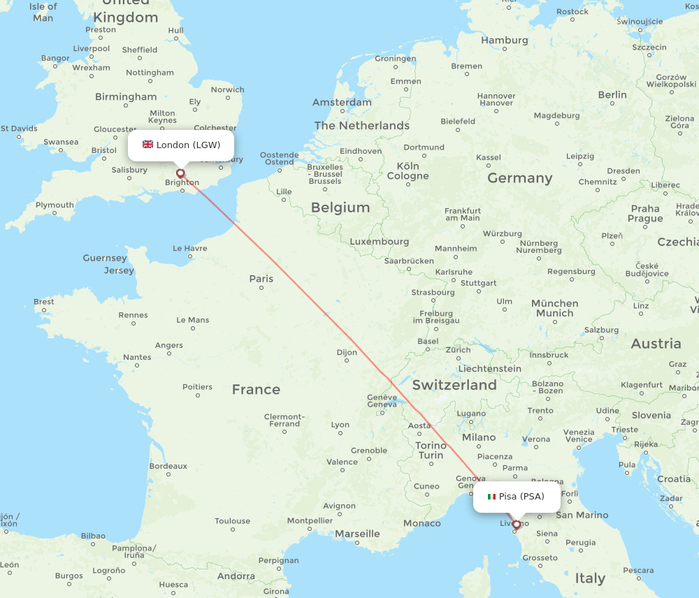 Pisa - London route map and flight paths