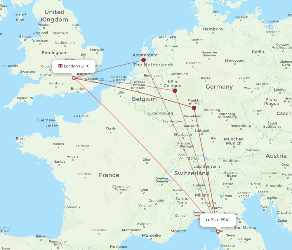 PSA to LHR flights and routes map