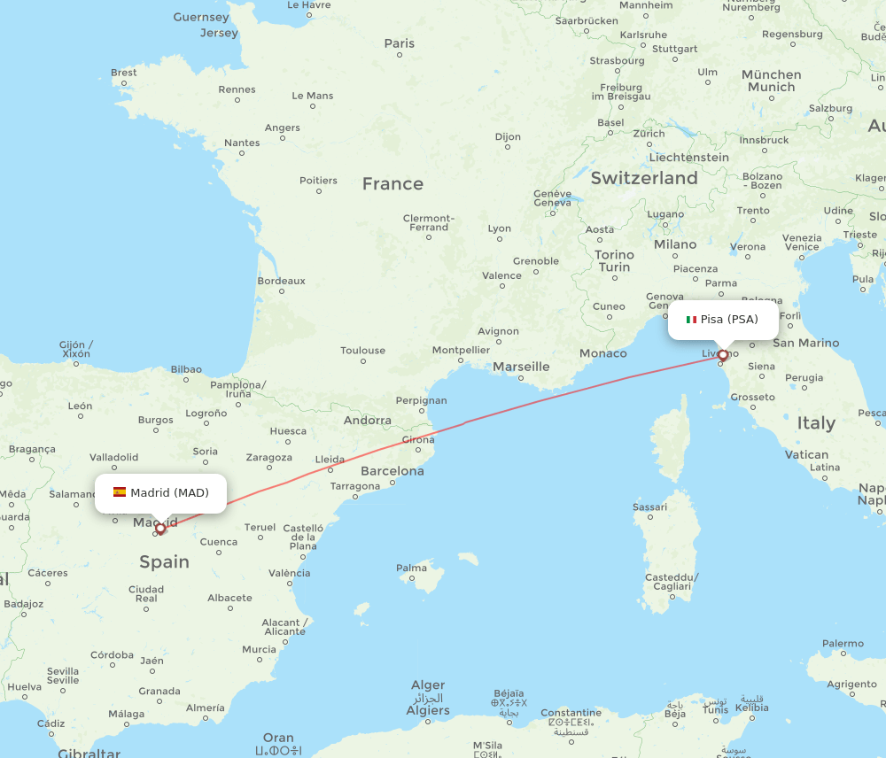 Pisa - Madrid route map and flight paths