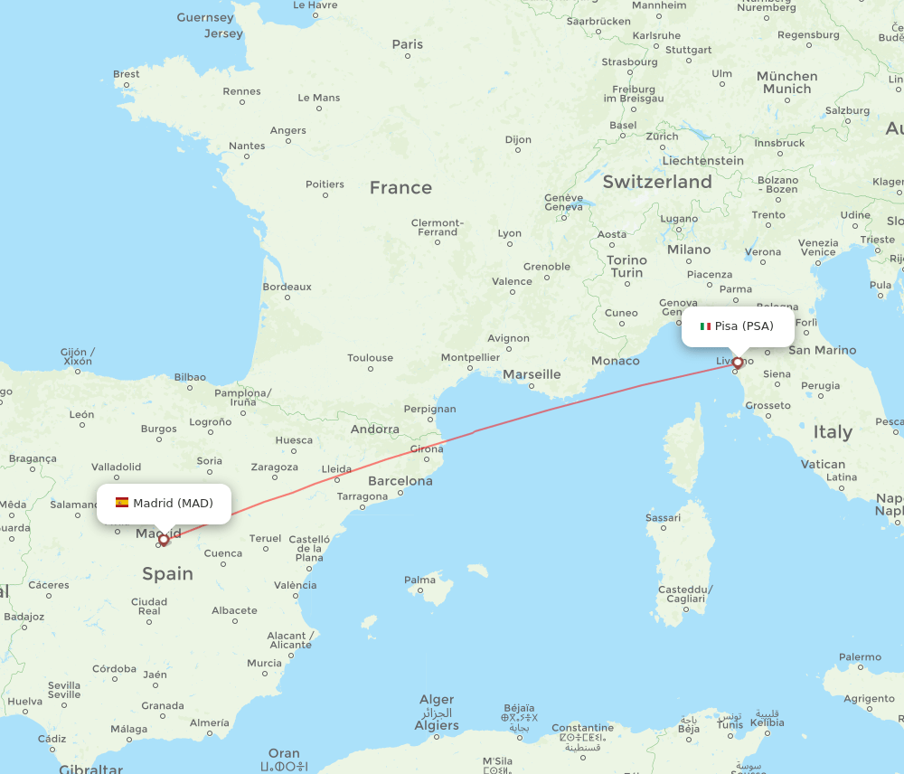 PSA to MAD flights and routes map