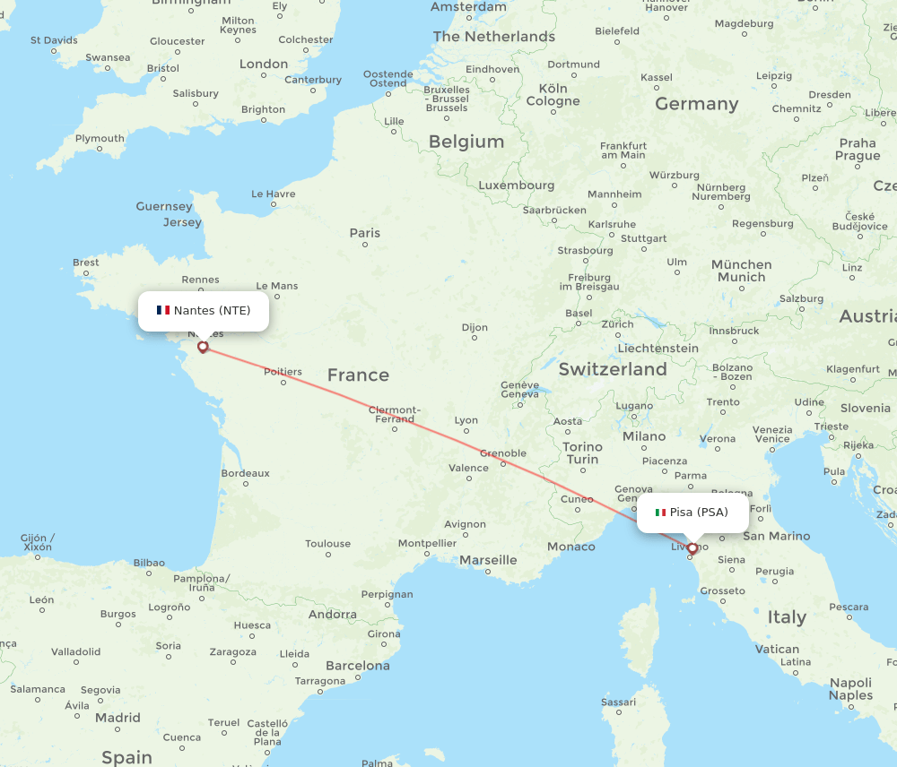 Pisa - Nantes route map and flight paths