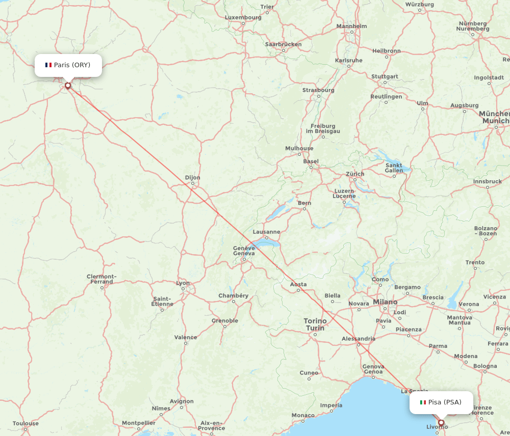 Pisa - Paris route map and flight paths
