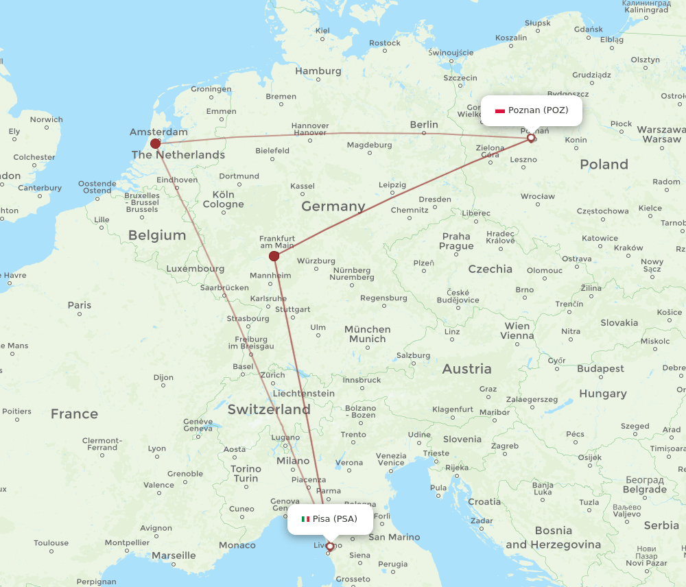 Poznan - Pisa route map and flight paths