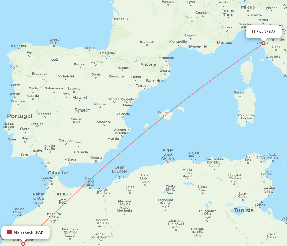 Pisa - Marrakech route map and flight paths