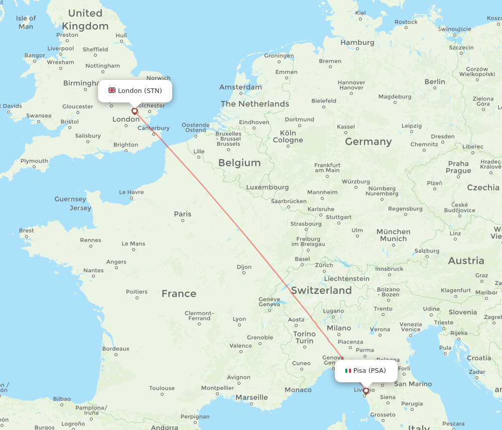 Pisa - London route map and flight paths