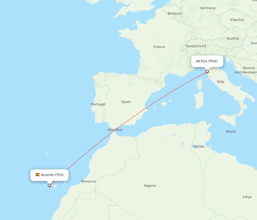 Pisa - Tenerife route map and flight paths