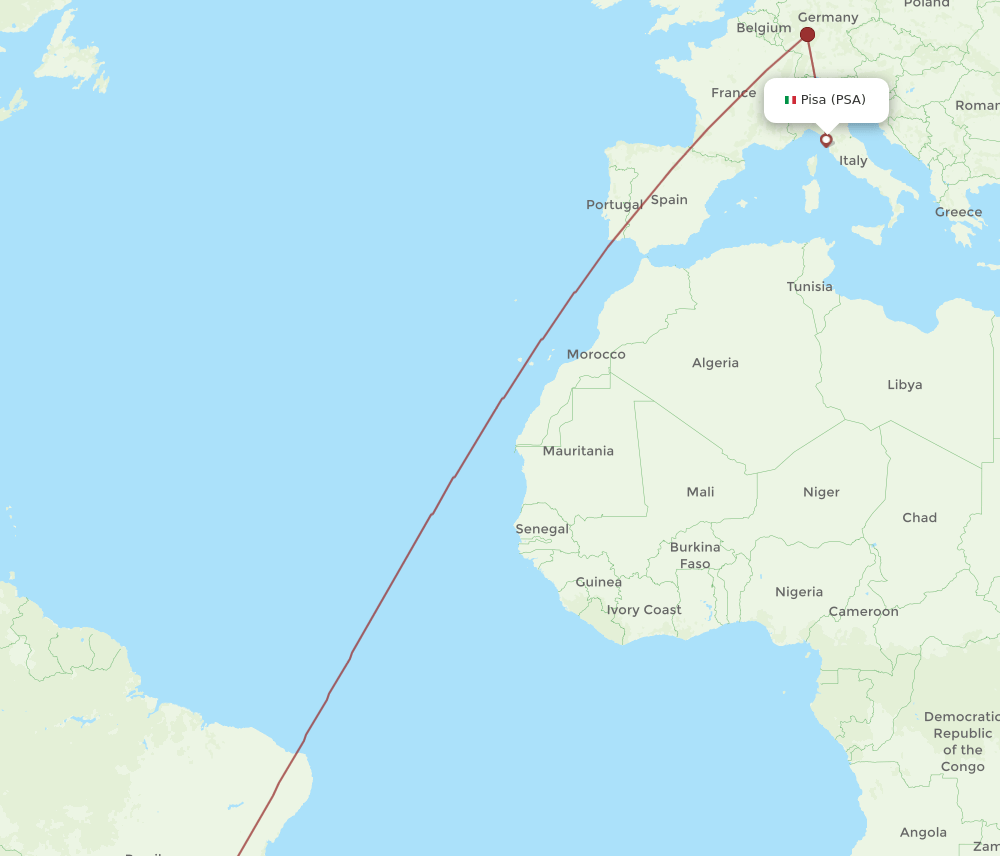 Pisa - Campinas route map and flight paths