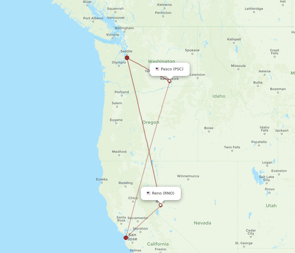 PSC to RNO flights and routes map