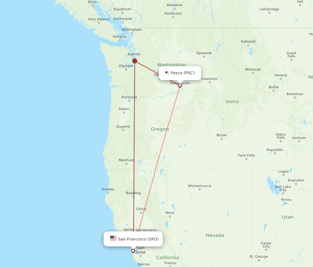 PSC to SFO flights and routes map