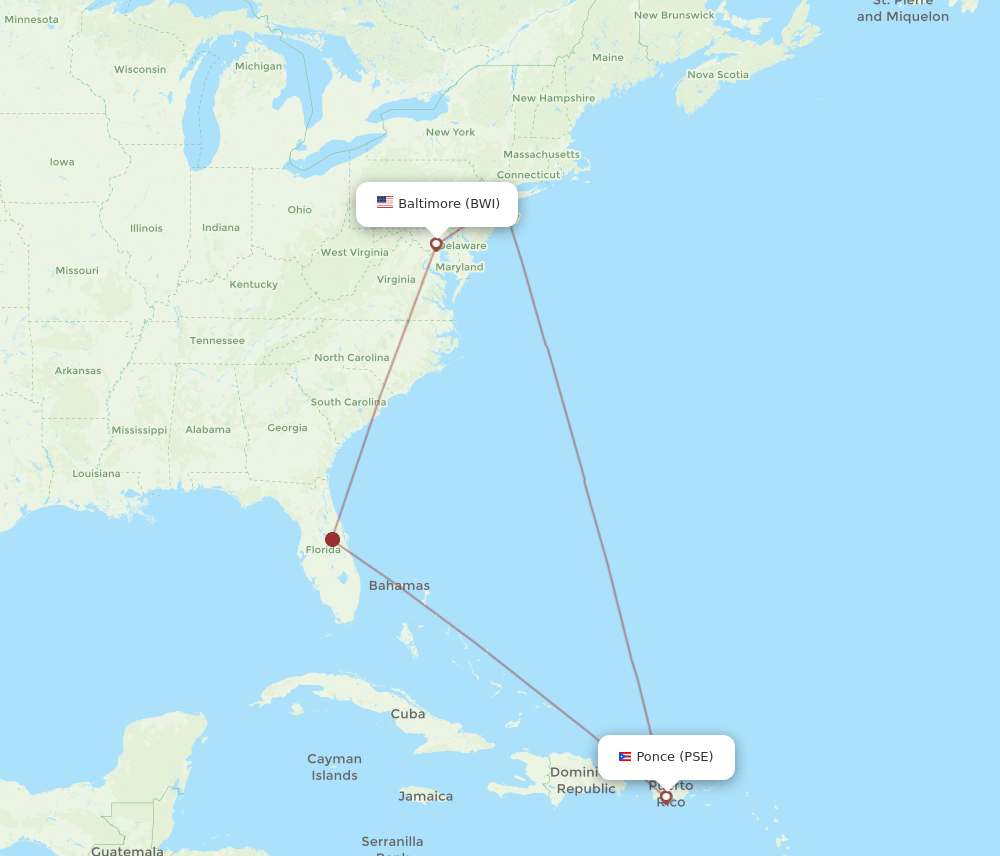 Ponce - Baltimore route map and flight paths