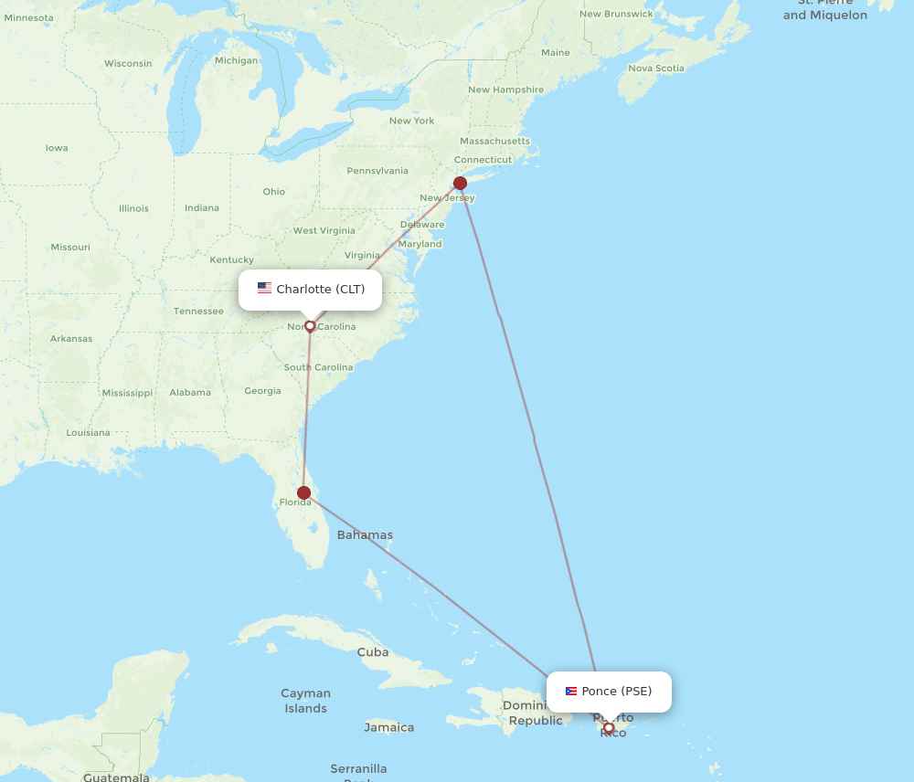 PSE to CLT flights and routes map