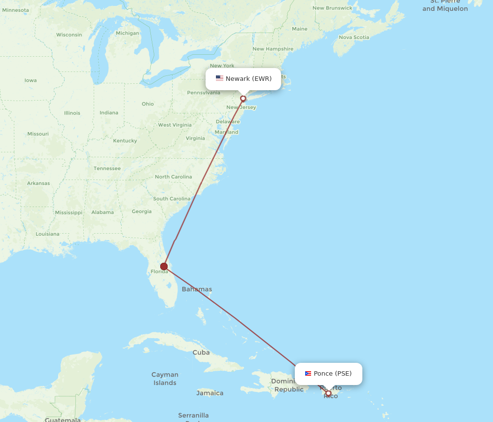 PSE to EWR flights and routes map