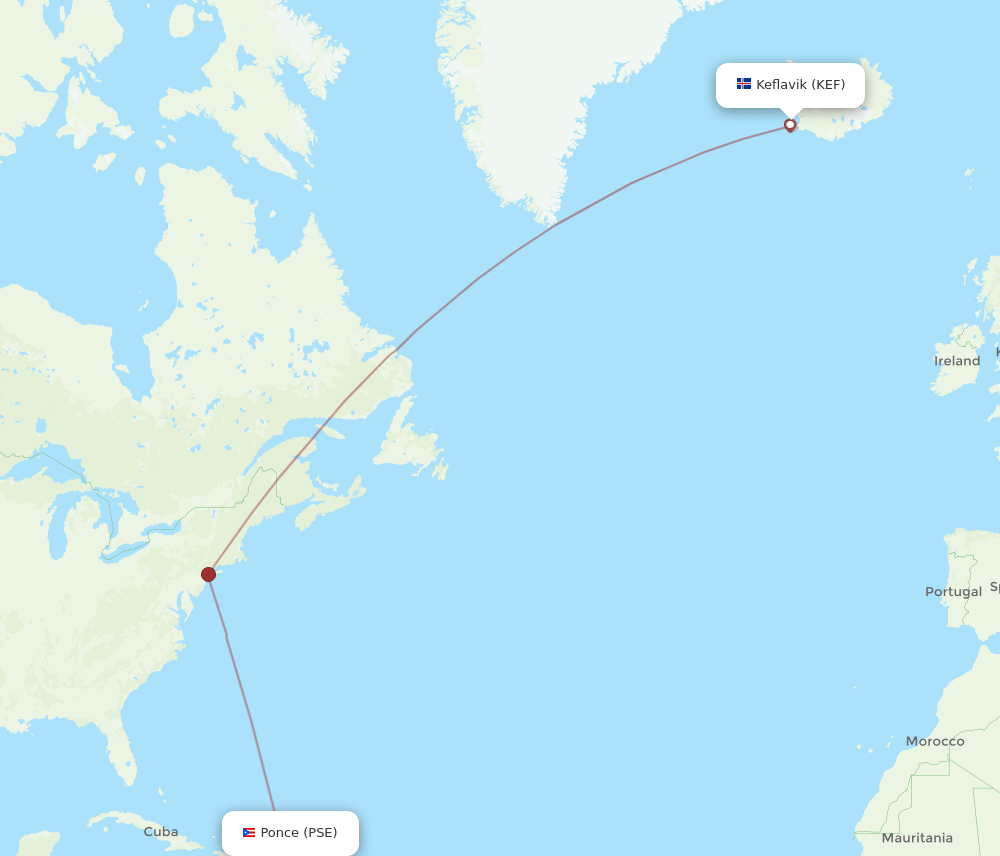 Ponce - Reykjavik route map and flight paths