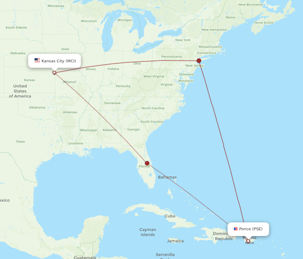 Kansas City - Ponce route map and flight paths