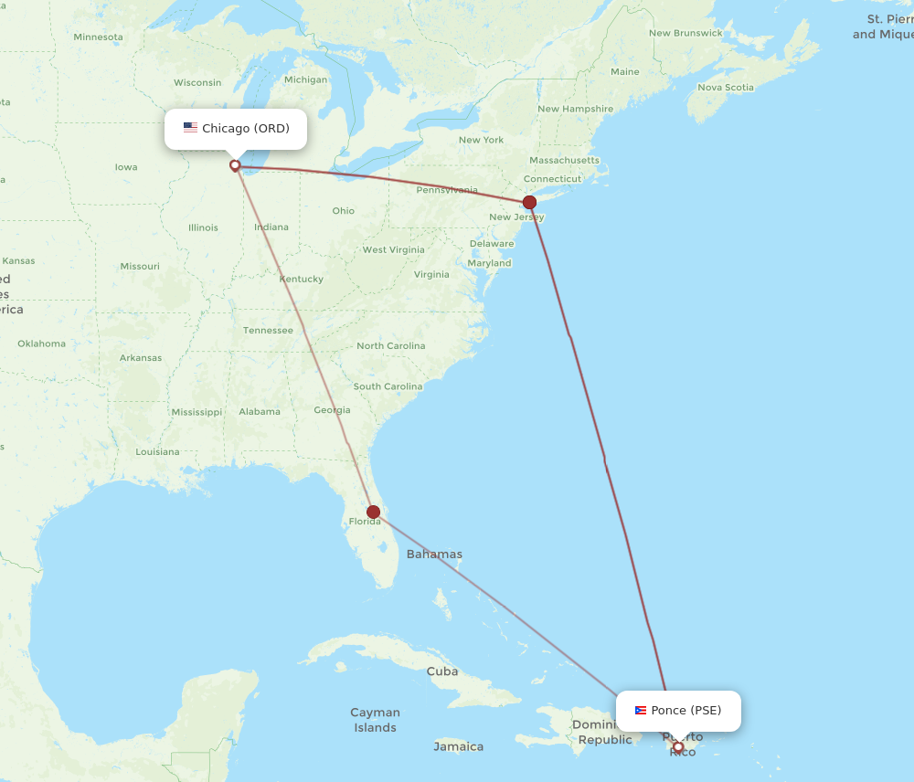 PSE to ORD flights and routes map