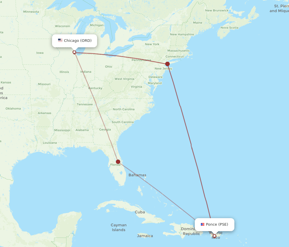 PSE-ORD flight routes
