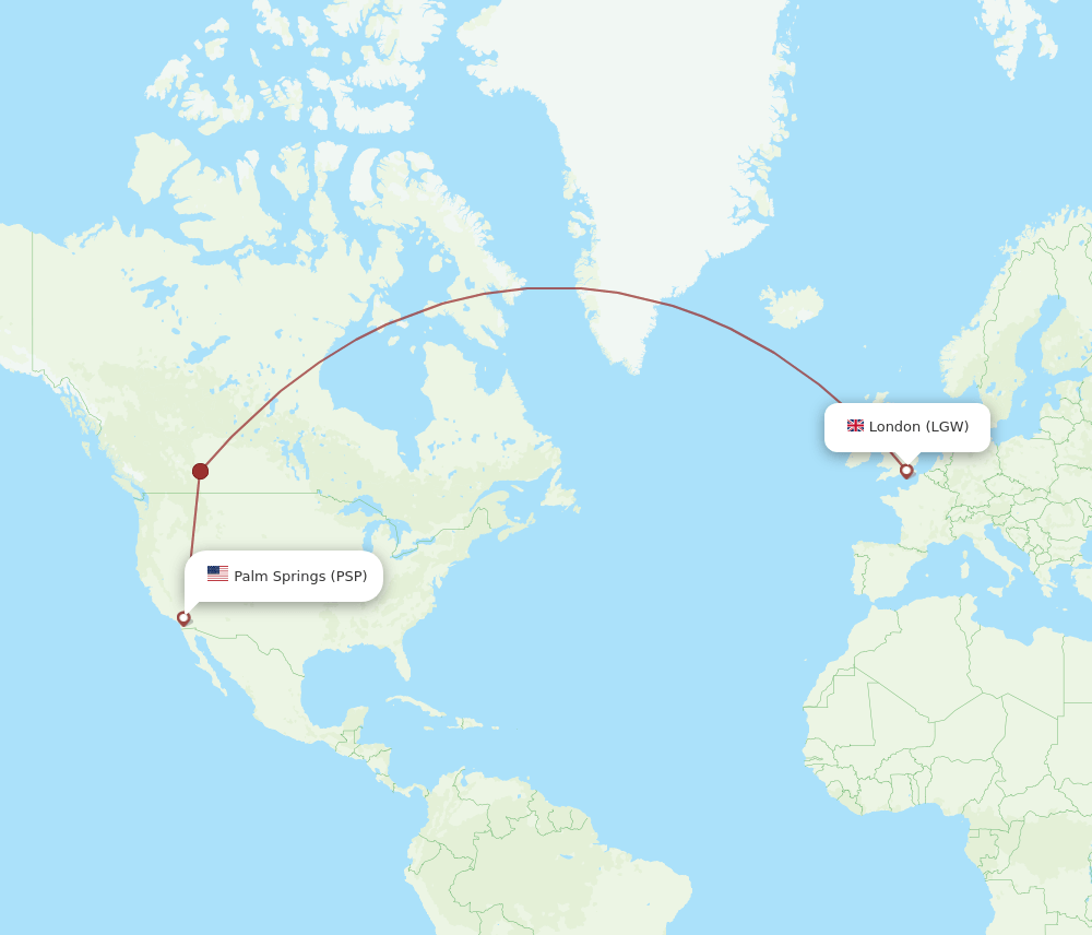 Palm Springs - London route map and flight paths