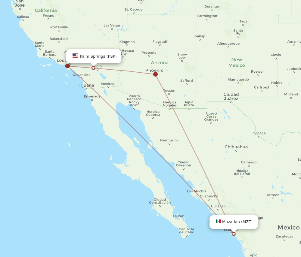 PSP to MZT flights and routes map