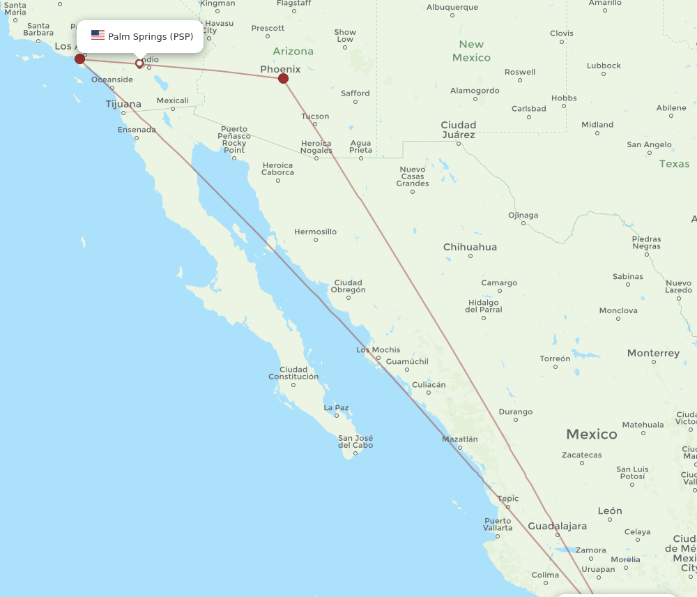 Ixtapa/Zihuatanejo - Palm Springs route map and flight paths