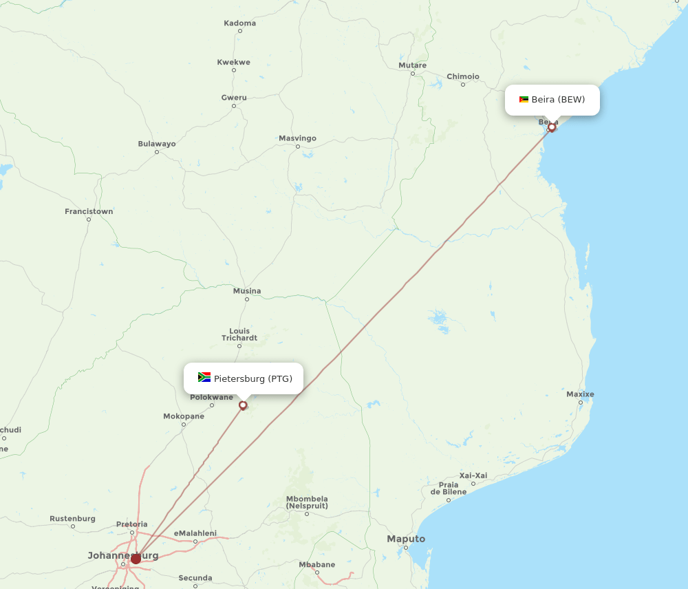 PTG-BEW flight routes
