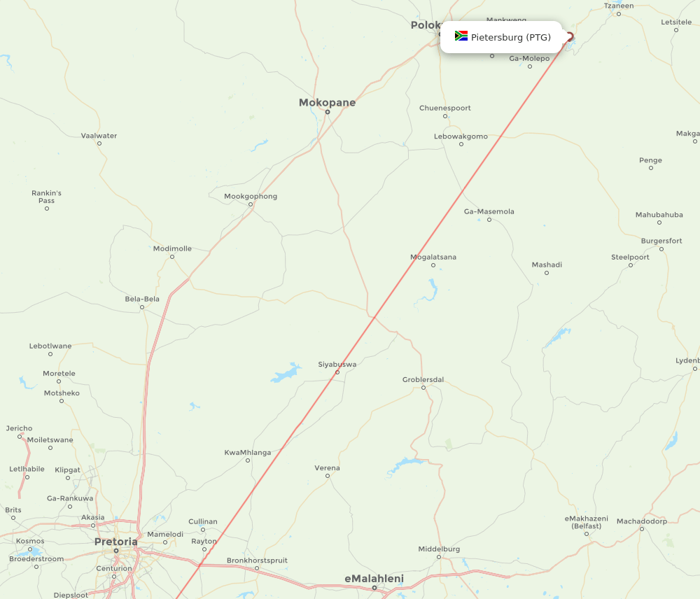 Polokwane - Johannesburg route map and flight paths