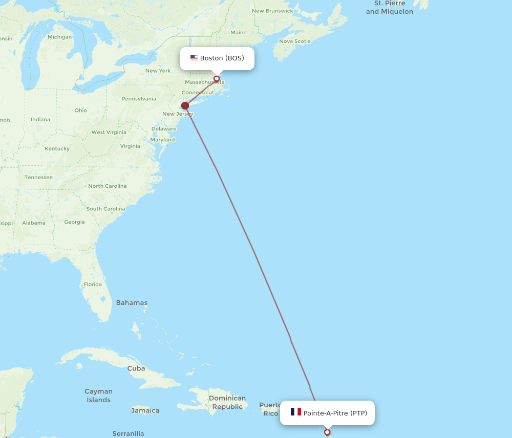 Pointe-a-Pitre - Boston route map and flight paths