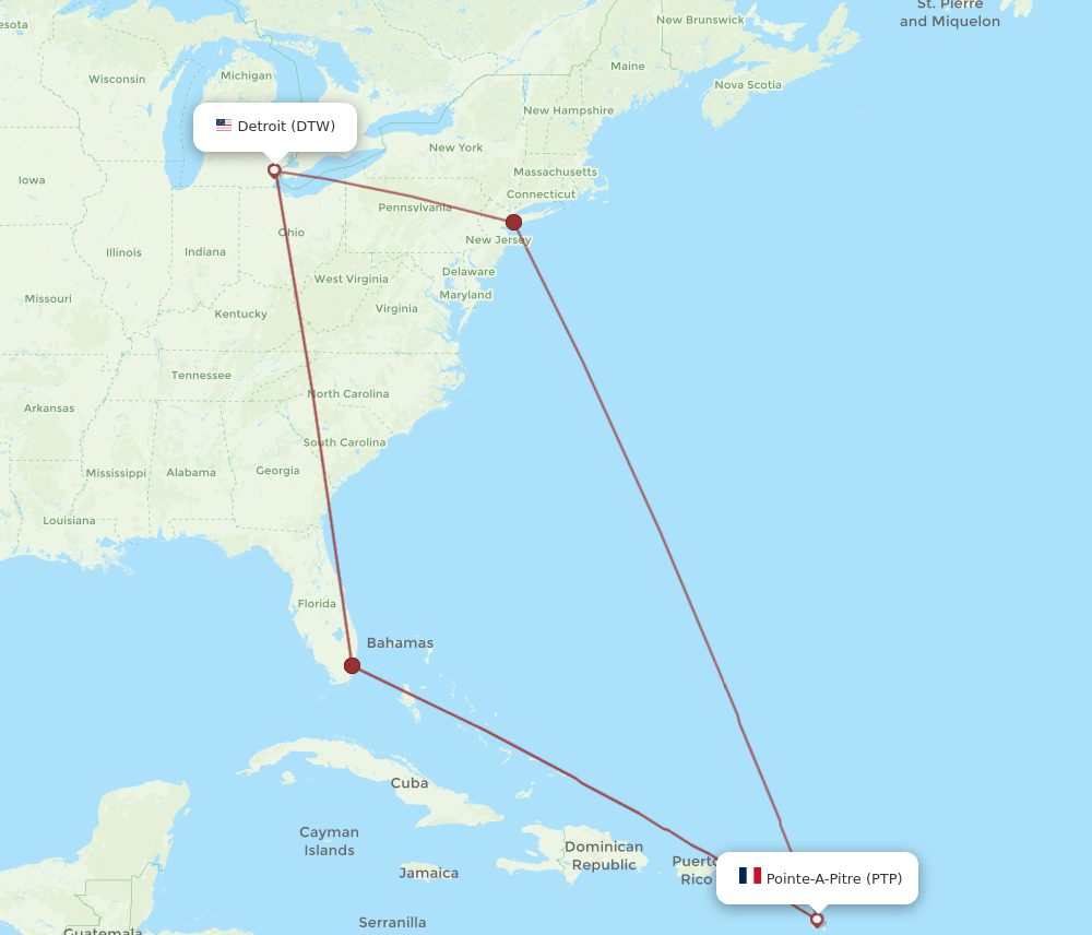PTP to DTW flights and routes map