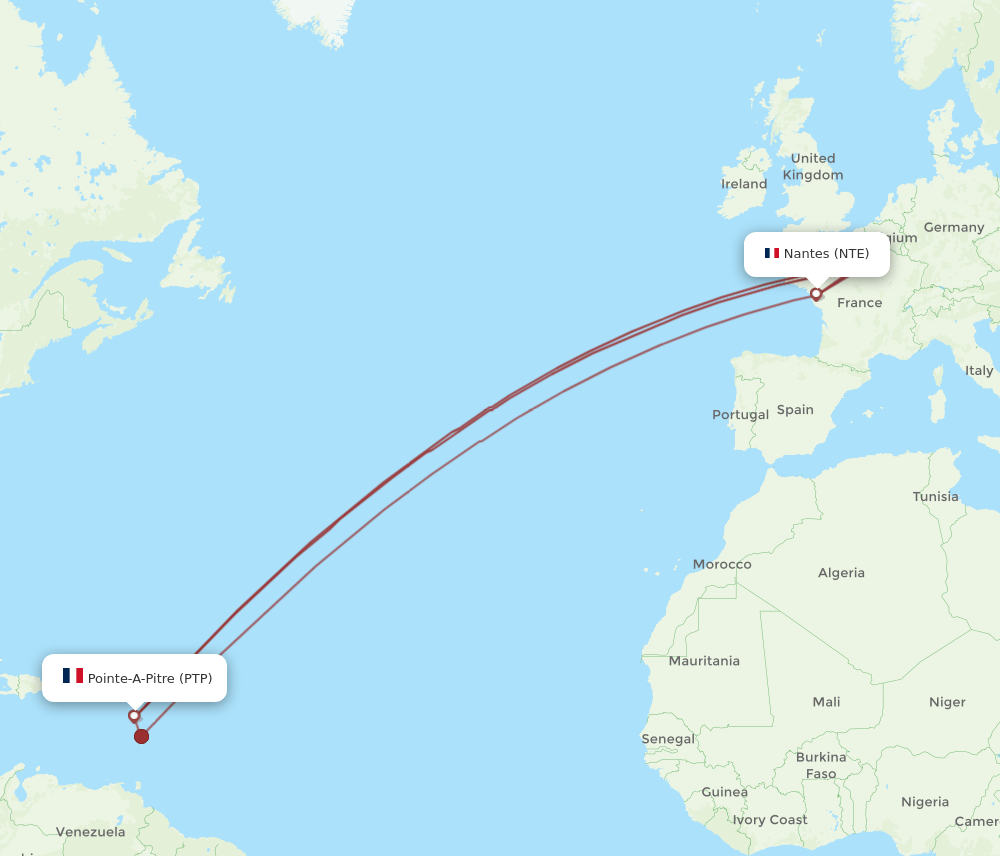 PTP to NTE flights and routes map