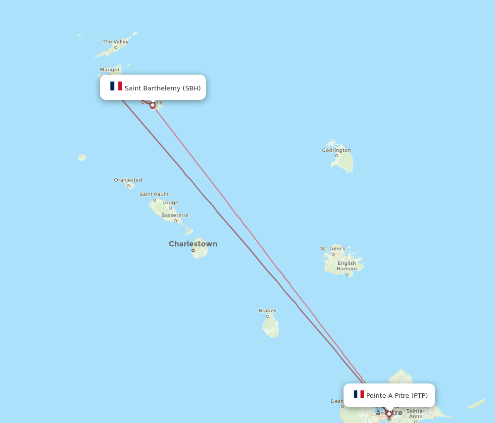 Pointe-a-Pitre - Saint Barthelemy route map and flight paths