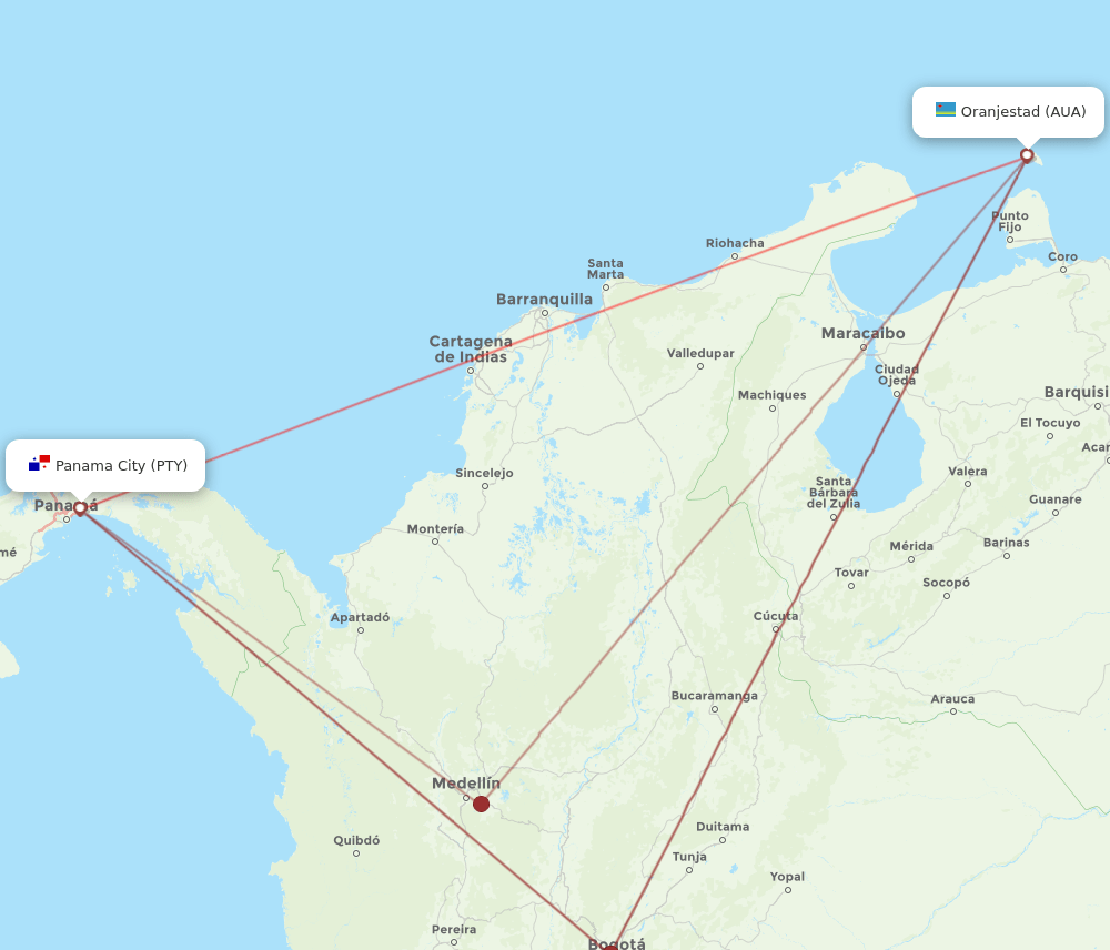 PTY to AUA flights and routes map