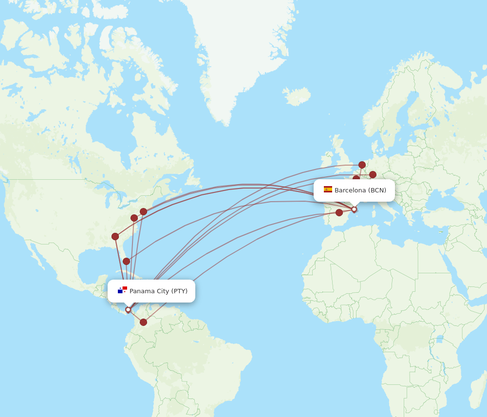 PTY to BCN flights and routes map