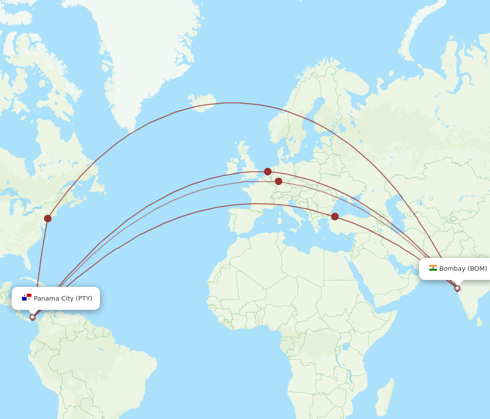 PTY-BOM flight routes