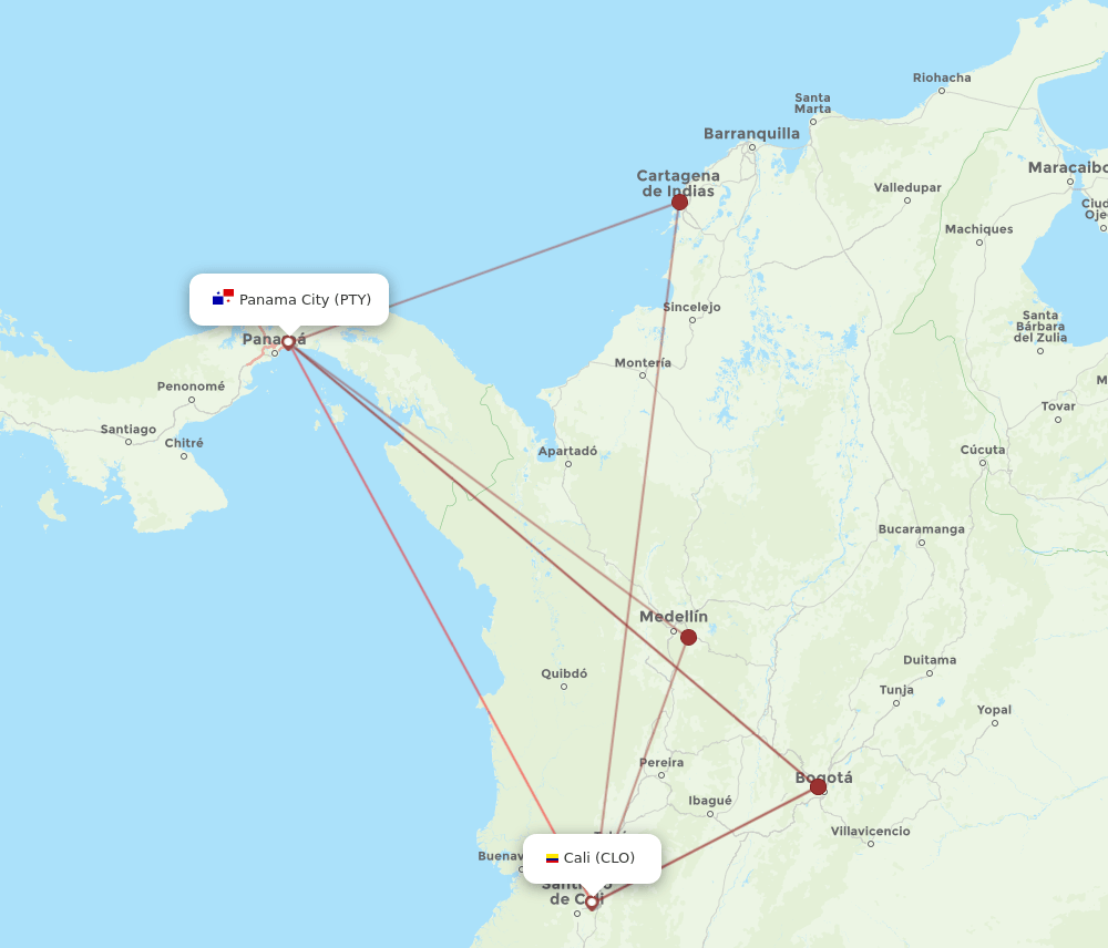 PTY-CLO flight routes