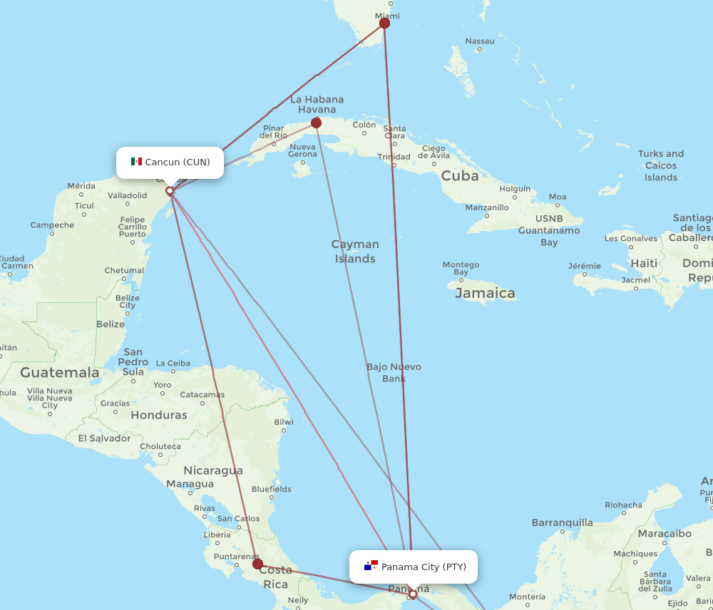 PTY to CUN flights and routes map