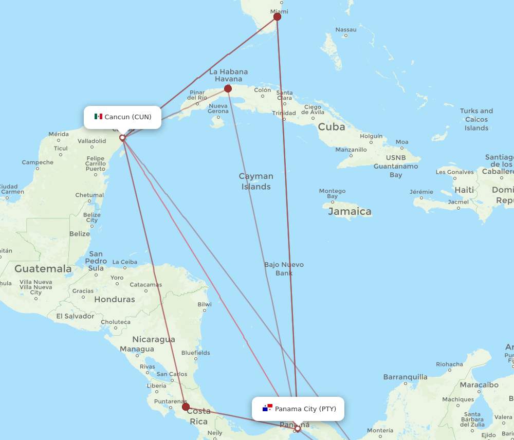 PTY to CUN flights and routes map