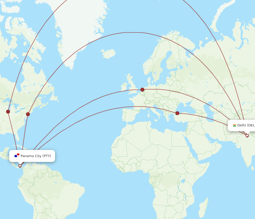 PTY-DEL flight routes