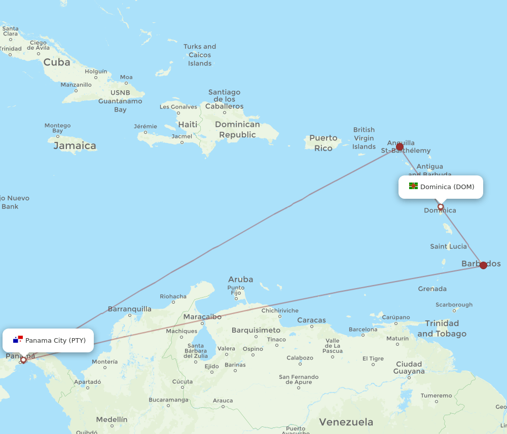 PTY-DOM flight routes