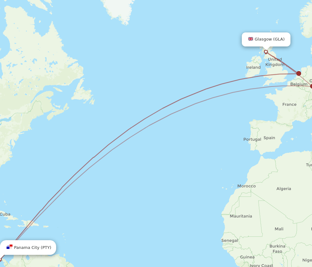 PTY-GLA flight routes