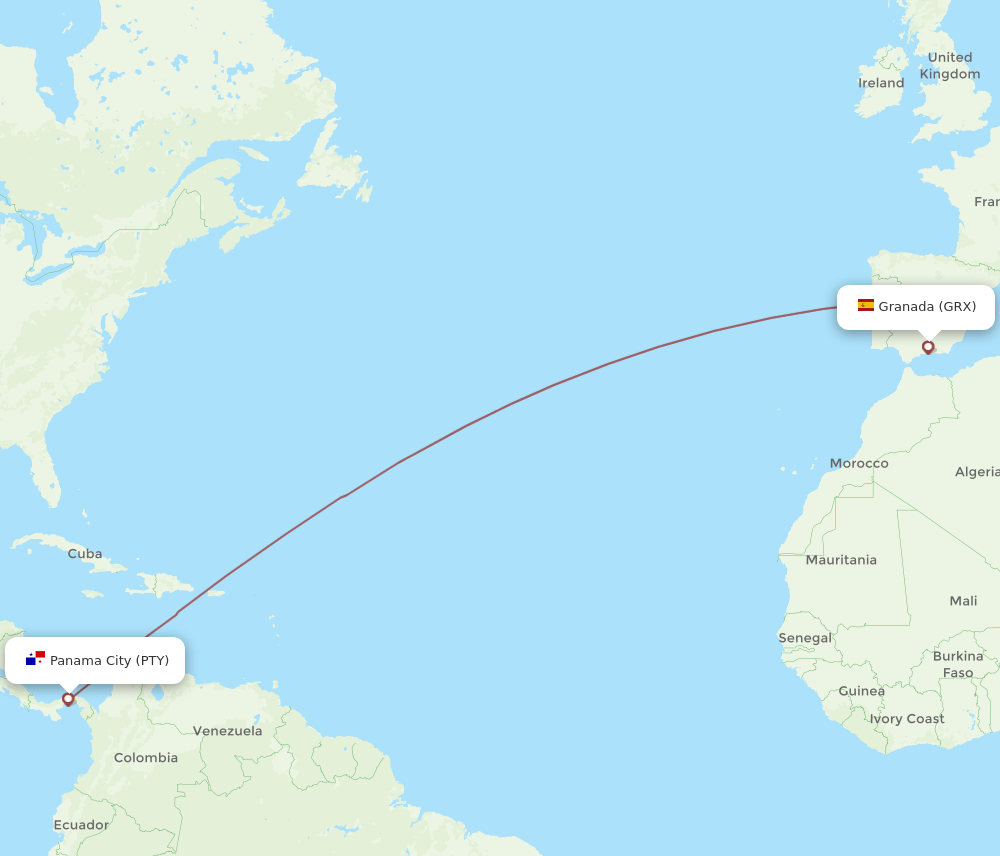 PTY to GRX flights and routes map