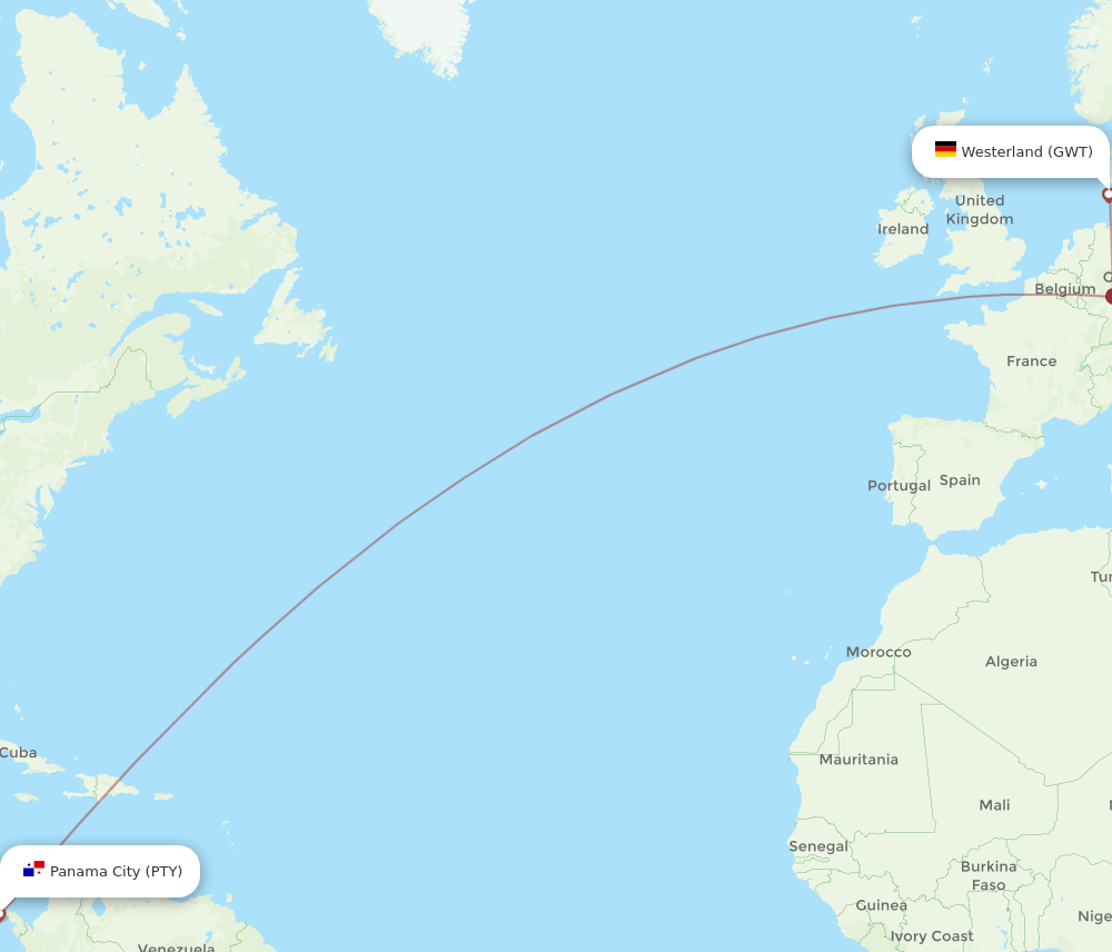 Westerland - Panama City route map and flight paths