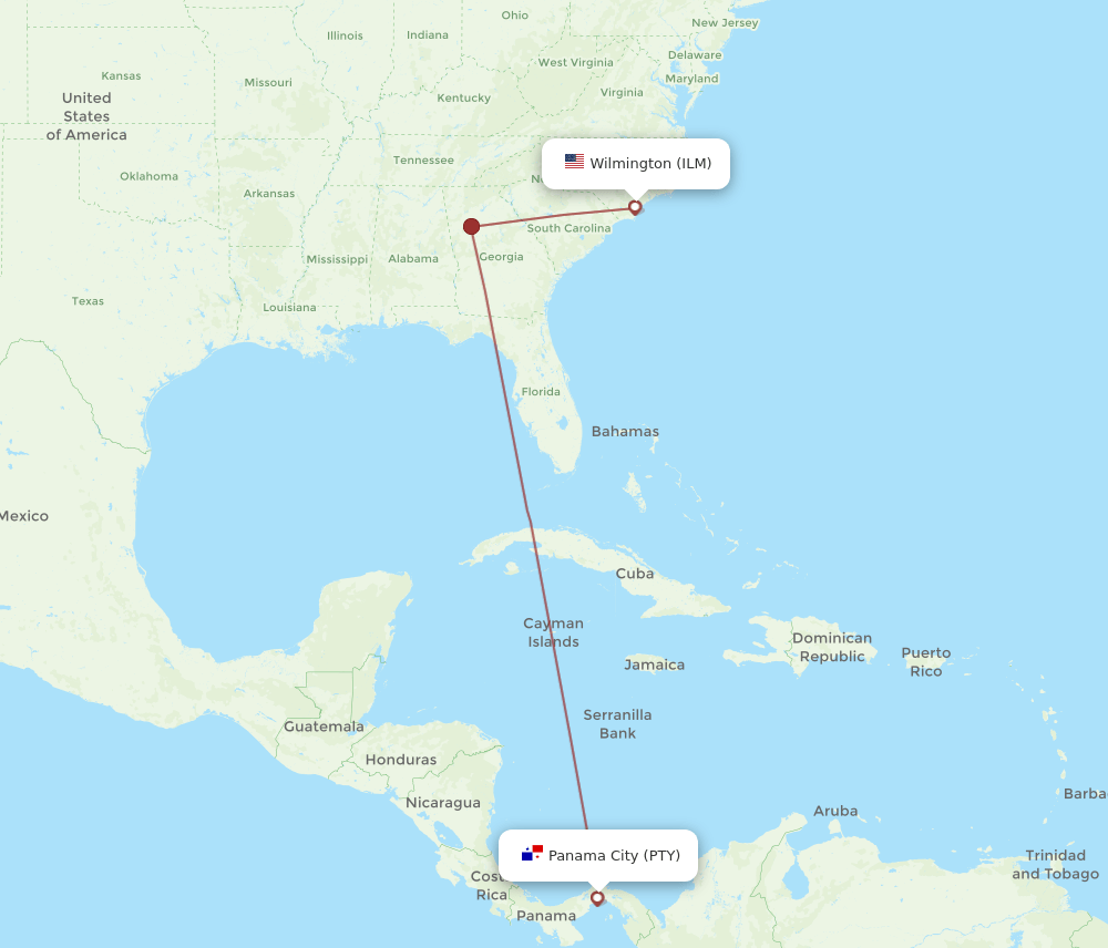 PTY-ILM flight routes