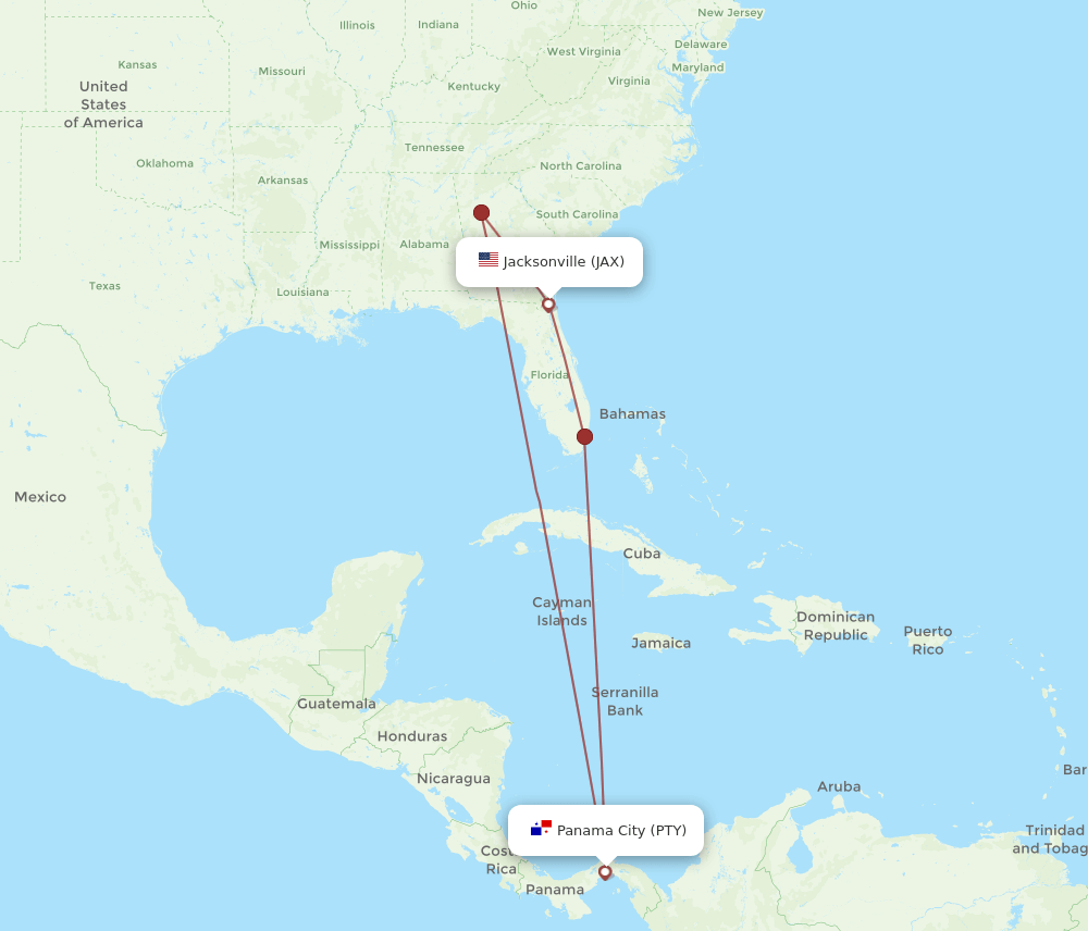 PTY-JAX flight routes