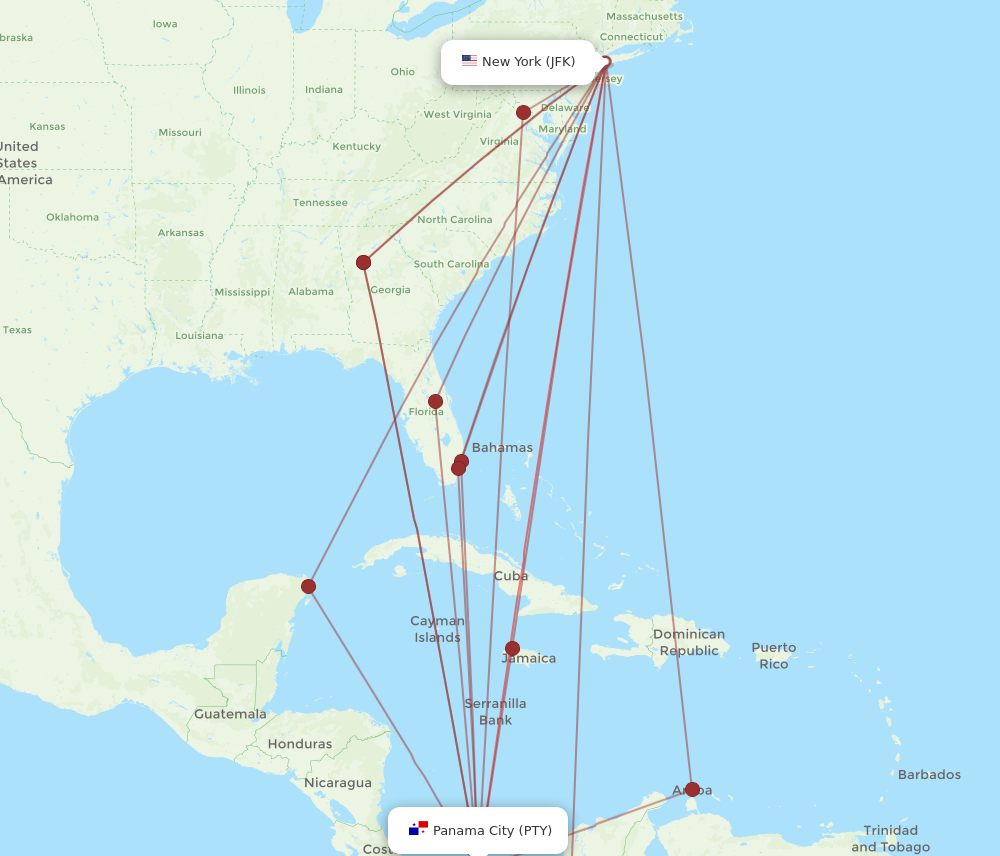 PTY to JFK flights and routes map