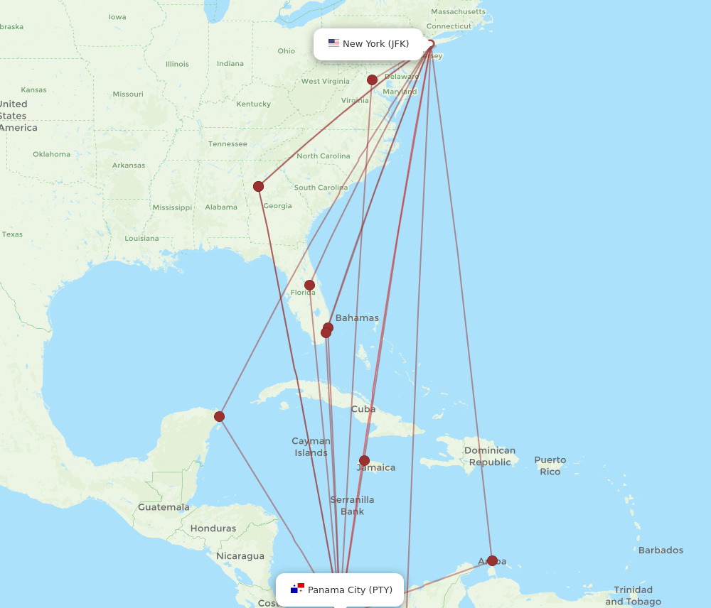PTY-JFK flight routes