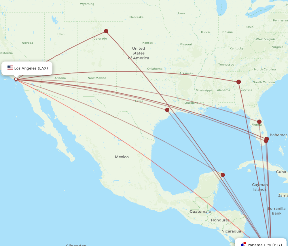 PTY to LAX flights and routes map
