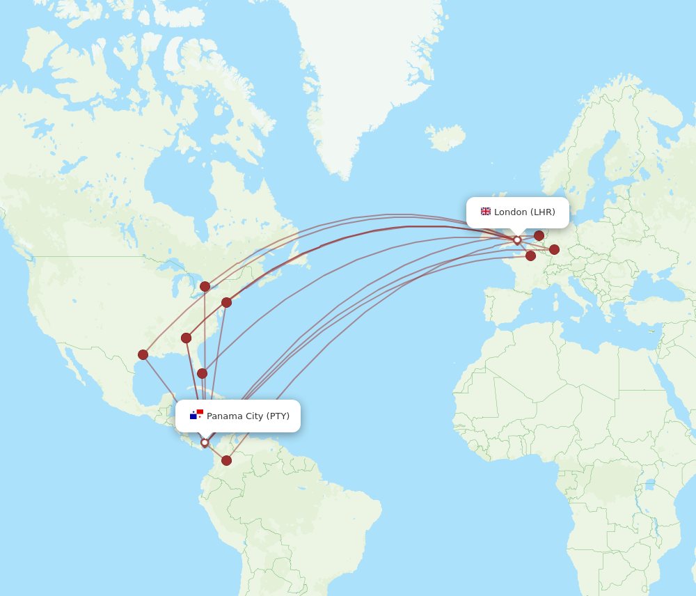 PTY to LHR flights and routes map